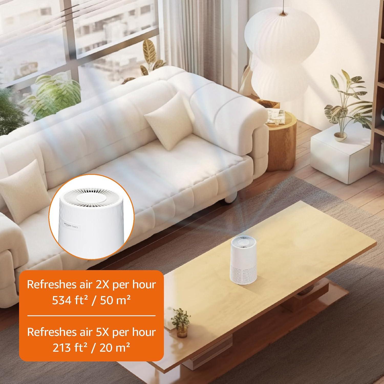 imageAmazon Basics Air Purifier for Home and Office With 3Stage Filtration HEPA Filter With Activated Carbon 3 Speeds Timer Sleep Mode 32db Energy Star Certificate Covers Up to 1067 Sq ft WhiteAir Purifier