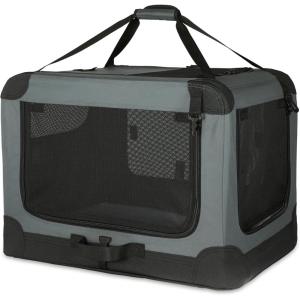 imageAmazon Basics 4Doors Portable SoftSided Folding Travel Crate Kennel for cat Dog and Other Small Animals Grey M 30quot x 21quot x 21quotGrey