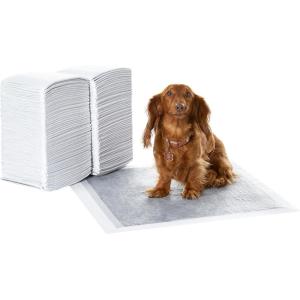 imageAmazon Basics Dog and Puppy Pee Pads with 5Layer LeakProof Design and QuickDry Surface for Potty Training OdorControl Carbon XL 28 x 34 Inch  Pack of 50 GrayRegular 120 Count