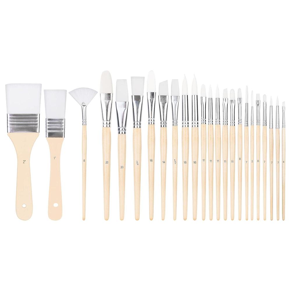 imageAmazon Basics Multishaped Polyester Paint Brushes for for Acrylic Oil Watercolor Gouache 24 Different Sizes Wood ColorWood Color