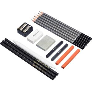 imageAmazon Basics Sketching and Drawing Art Pencil Kit Artist Supplies with Pencils Erasers Sharpener Charcoal Black White 17 Piece SetCharcoal  Black  White