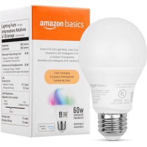 imageAmazon Basics Smart A19 LED Light Bulb Color Changing 60W Equivalent 800LM Works with Alexa Only 24 GHz WiFi No Hub Required 1PackColor Changing 75w