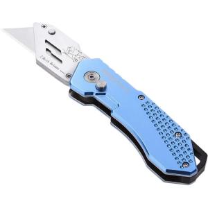 imageAmazon Basics Folding Utility Knife Lightweight Aluminum Body with Holster Light BlueLight Blue