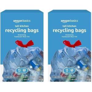imageAmazon Basics Blue Recycling Trash Bags Unscented 13 Gallon 60 count Pack of 160 Count Pack of 2