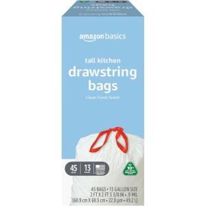 imageAmazon Basics  Tall Kitchen Trash Bags 13 Gallon 10 Post Consumer Recycled Content Clean Fresh Scent 45 Count Pack of 1White