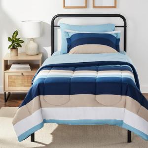 imageAmazon Basics Twin XL Comforter Set with Sheets 5Piece Blue Calvin Striped Bedding Lightweight Microfiber BedinaBagBlue Stripe