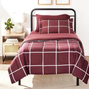 imageAmazon Basics Twin XL Comforter Set with Sheets 5Piece Blue Calvin Striped Bedding Lightweight Microfiber BedinaBagBurgundy Simple Plaid