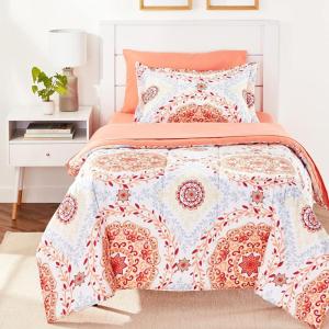 imageAmazon Basics Twin XL Comforter Set with Sheets 5Piece Blue Calvin Striped Bedding Lightweight Microfiber BedinaBagCoral Medallion