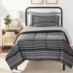 imageAmazon Basics Twin XL Comforter Set with Sheets 5Piece Blue Calvin Striped Bedding Lightweight Microfiber BedinaBagGray Calvin Stripe