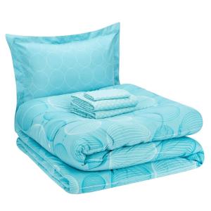 imageAmazon Basics Twin XL Comforter Set with Sheets 5Piece Blue Calvin Striped Bedding Lightweight Microfiber BedinaBagIndustrial Teal