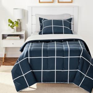 imageAmazon Basics Twin XL Comforter Set with Sheets 5Piece Blue Calvin Striped Bedding Lightweight Microfiber BedinaBagNavy With Grey Plaid