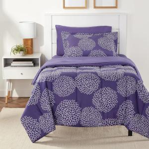 imageAmazon Basics Twin XL Comforter Set with Sheets 5Piece Blue Calvin Striped Bedding Lightweight Microfiber BedinaBagPurple Floral