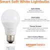 imageAmazon Basics Smart A19 LED Light Bulb Dimmable Soft White 2700K 9W 60W Equivalent 800LM Works with Alexa Only 24 GHz WiFi No Hub Required 4 PackSoft White