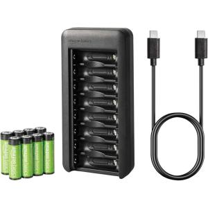 imageAmazon Basics Rechargeable NiMh AAA 800mAh 8 Pack  AA 2000mAh 8 Pack with 8 Bay Battery Charger No AC Power Adapter USB C PortUSB Charger8AA