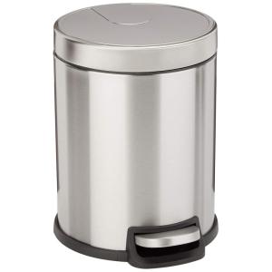 imageAmazon Basics Round Cylindrical SoftClose Small Trash Can With Foot Pedal for Bathroom and small space 5 Liter13 Gallon Brushed Stainless SteelBrushed Stainless Steel