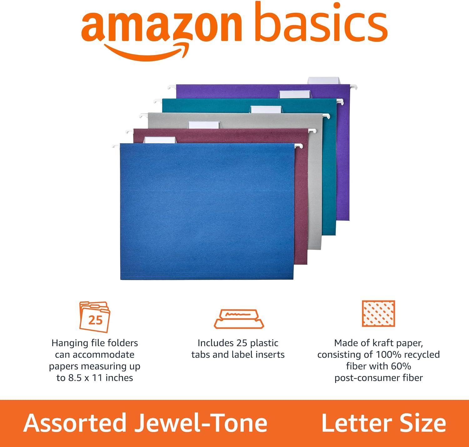 imageAmazon Basics Hanging File Folders Letter Size Aqua 25PackAssorted Jeweltone Colors