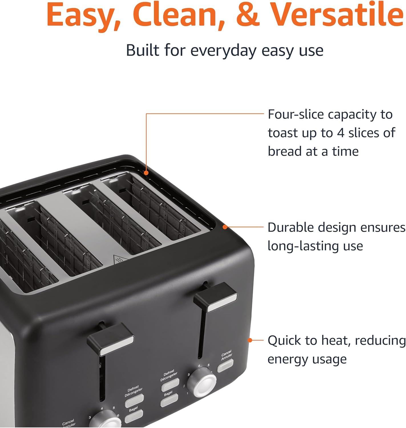imageAmazon Basics 4 Slice Toaster With 7 Browning Settings Extra Wide Slots For Bagels and Special Breads Removable EasytoClean Crumb Trays CancelDefrostBagel Buttons 1500W Black ampamp Silver4 Slice