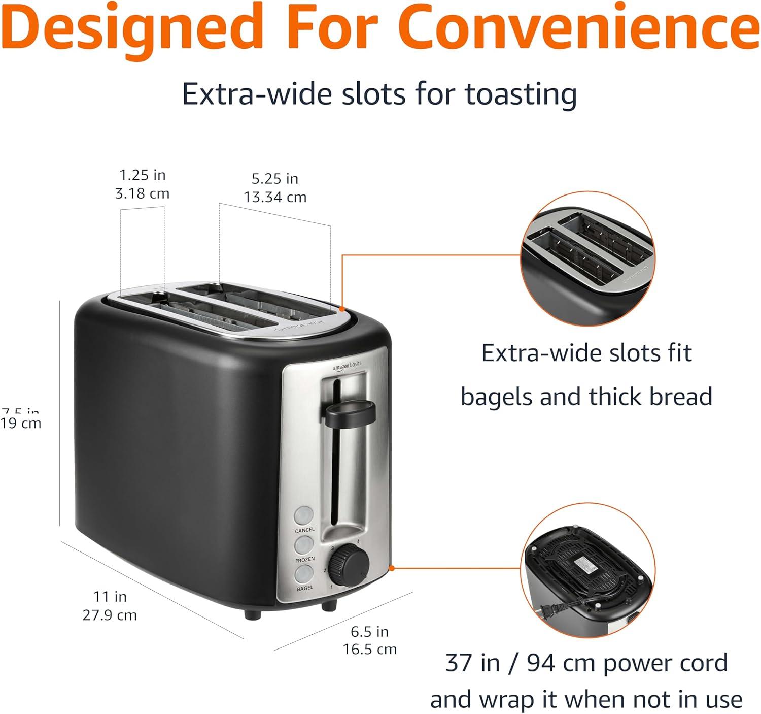 imageAmazon Basics 4 Slice Toaster With 7 Browning Settings Extra Wide Slots For Bagels and Special Breads Removable EasytoClean Crumb Trays CancelDefrostBagel Buttons 1500W Black ampamp Silver2 Slice