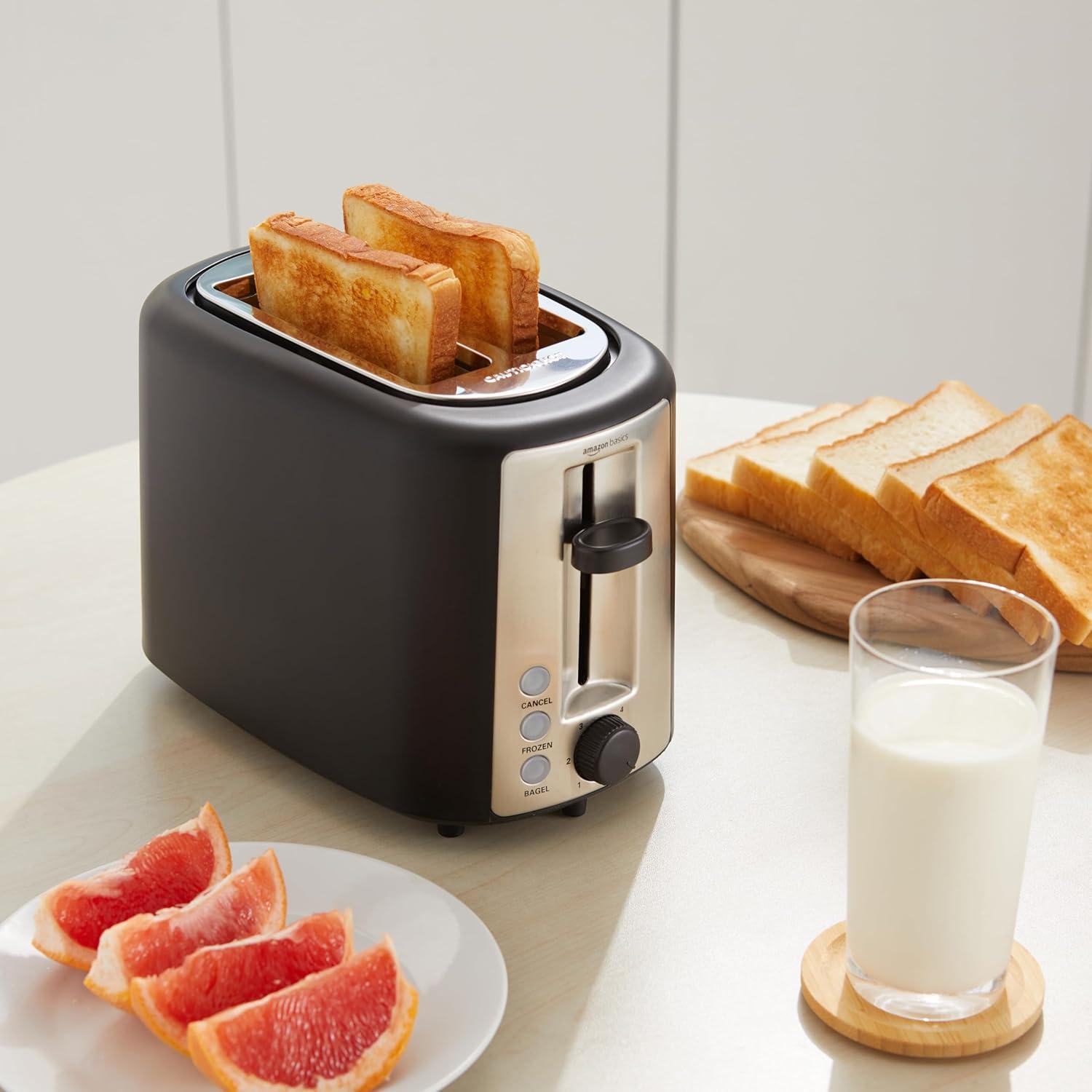 imageAmazon Basics 4 Slice Toaster With 7 Browning Settings Extra Wide Slots For Bagels and Special Breads Removable EasytoClean Crumb Trays CancelDefrostBagel Buttons 1500W Black ampamp Silver2 Slice