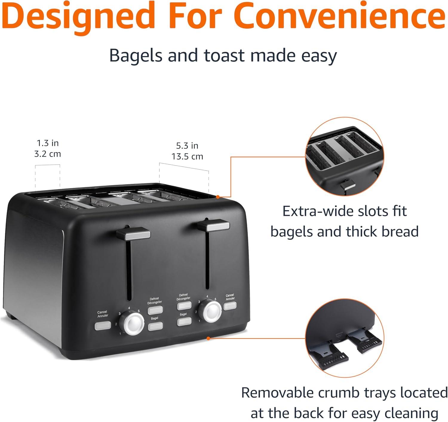 imageAmazon Basics 4 Slice Toaster With 7 Browning Settings Extra Wide Slots For Bagels and Special Breads Removable EasytoClean Crumb Trays CancelDefrostBagel Buttons 1500W Black ampamp Silver4 Slice