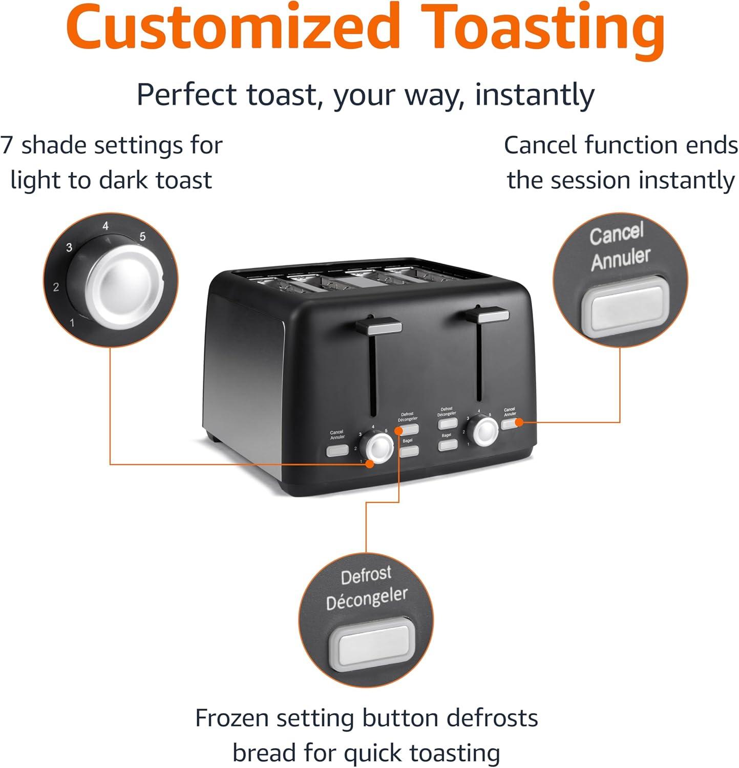imageAmazon Basics 4 Slice Toaster With 7 Browning Settings Extra Wide Slots For Bagels and Special Breads Removable EasytoClean Crumb Trays CancelDefrostBagel Buttons 1500W Black ampamp Silver4 Slice
