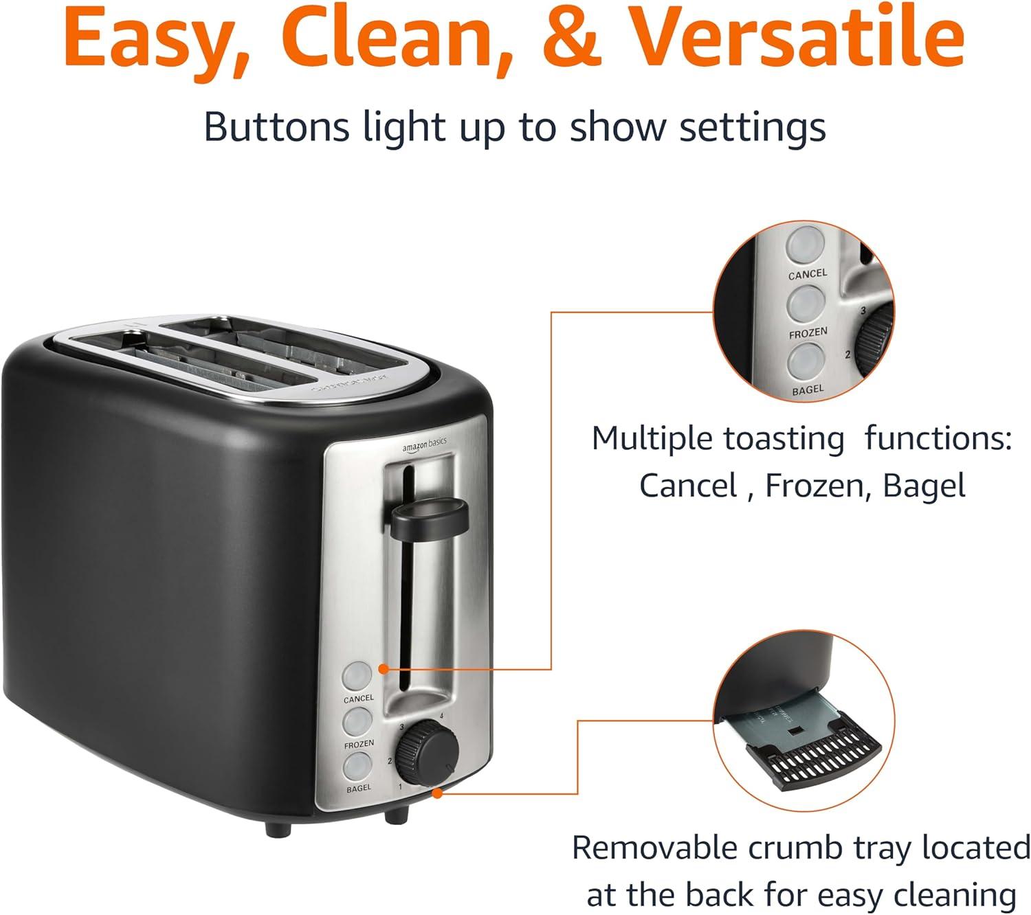 imageAmazon Basics 4 Slice Toaster With 7 Browning Settings Extra Wide Slots For Bagels and Special Breads Removable EasytoClean Crumb Trays CancelDefrostBagel Buttons 1500W Black ampamp Silver2 Slice