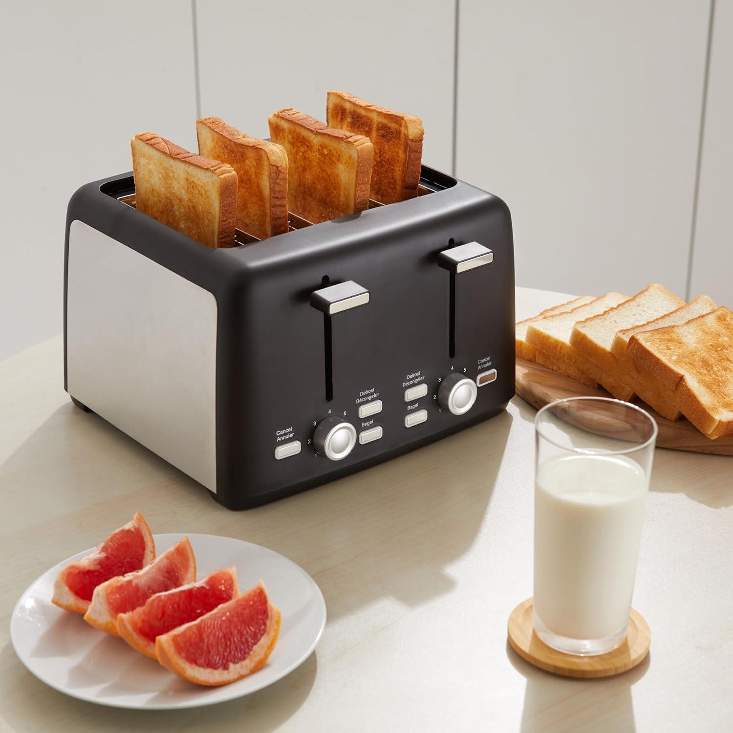 imageAmazon Basics 4 Slice Toaster With 7 Browning Settings Extra Wide Slots For Bagels and Special Breads Removable EasytoClean Crumb Trays CancelDefrostBagel Buttons 1500W Black ampamp Silver4 Slice