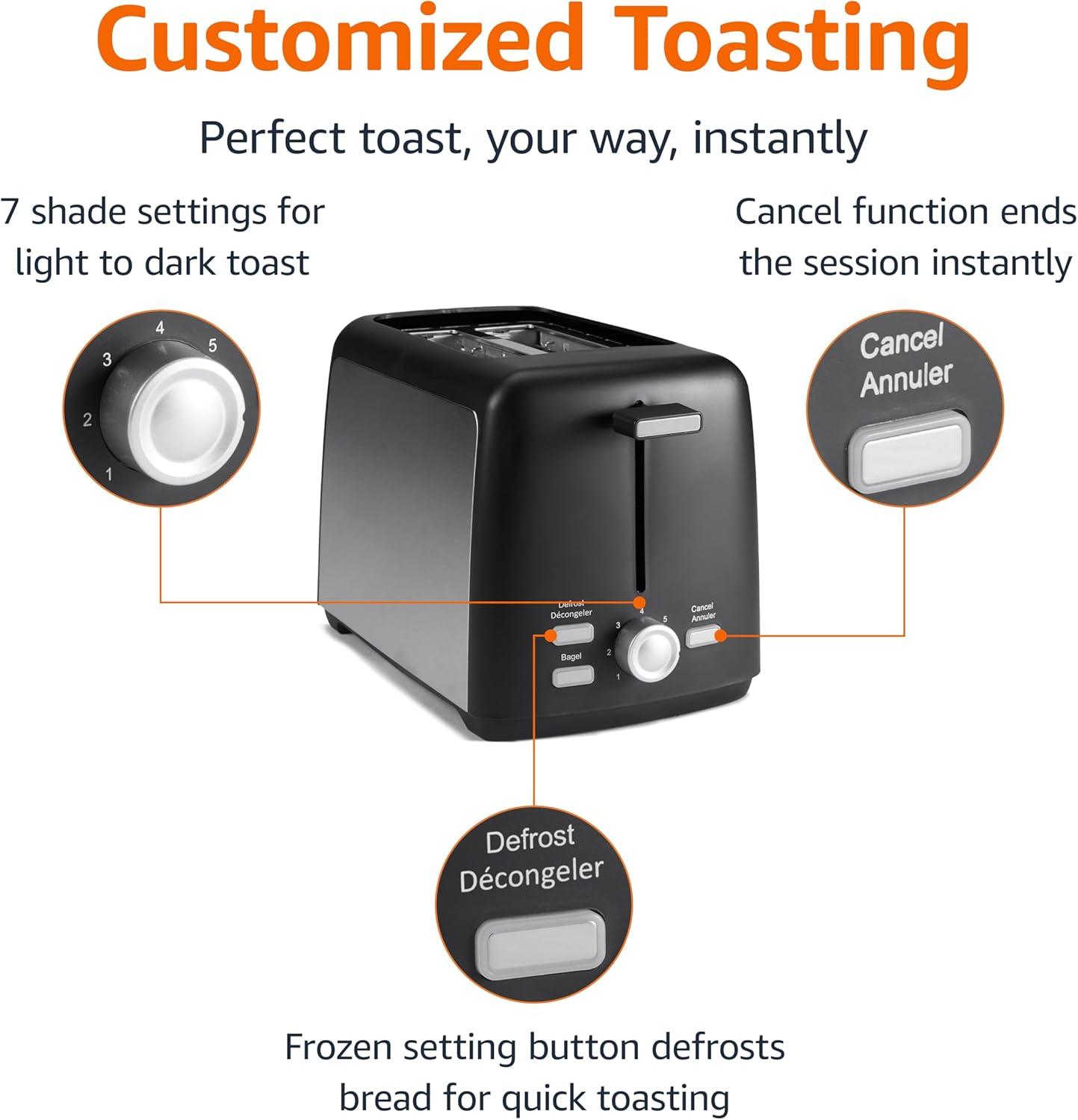 imageAmazon Basics 4 Slice Toaster With 7 Browning Settings Extra Wide Slots For Bagels and Special Breads Removable EasytoClean Crumb Trays CancelDefrostBagel Buttons 1500W Black ampamp Silver2 Slice