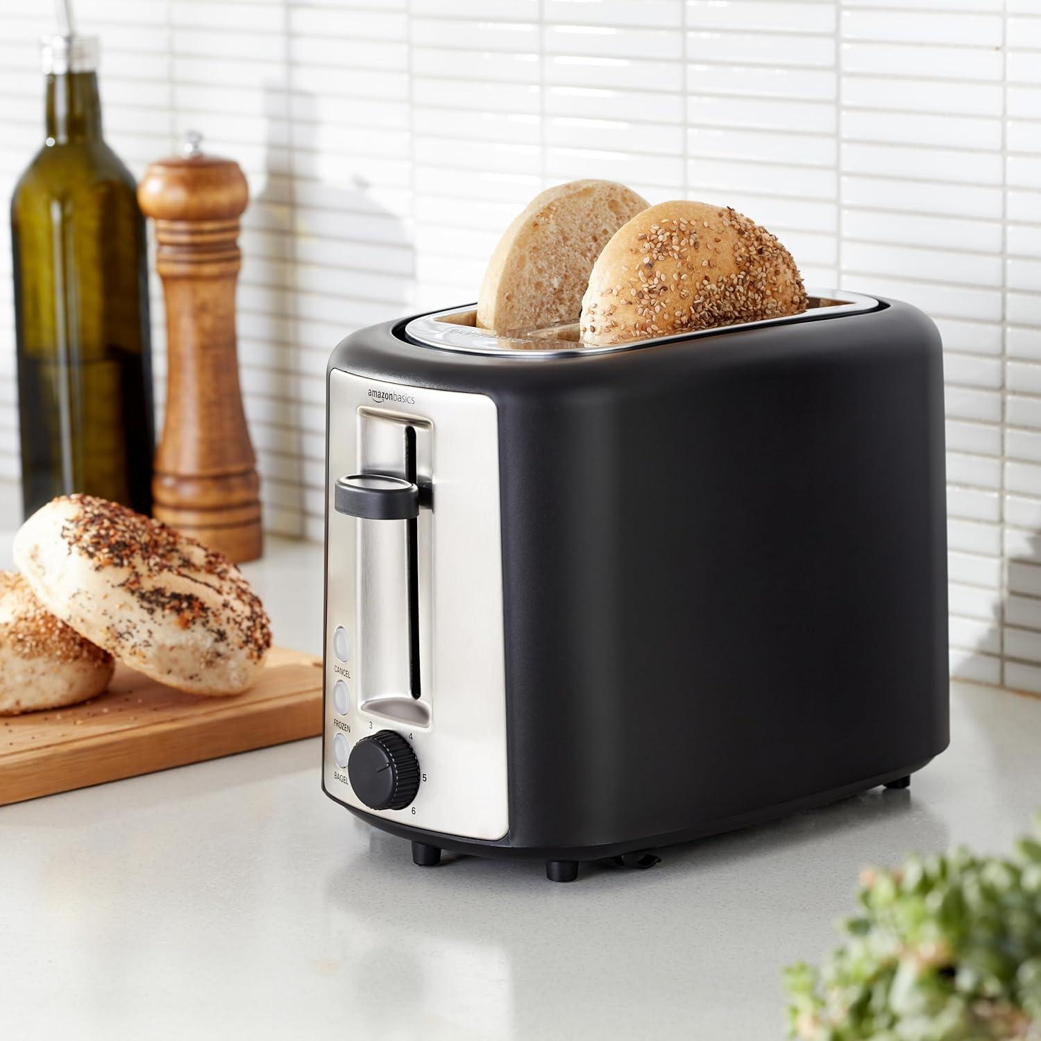 imageAmazon Basics 4 Slice Toaster With 7 Browning Settings Extra Wide Slots For Bagels and Special Breads Removable EasytoClean Crumb Trays CancelDefrostBagel Buttons 1500W Black ampamp Silver2 Slice
