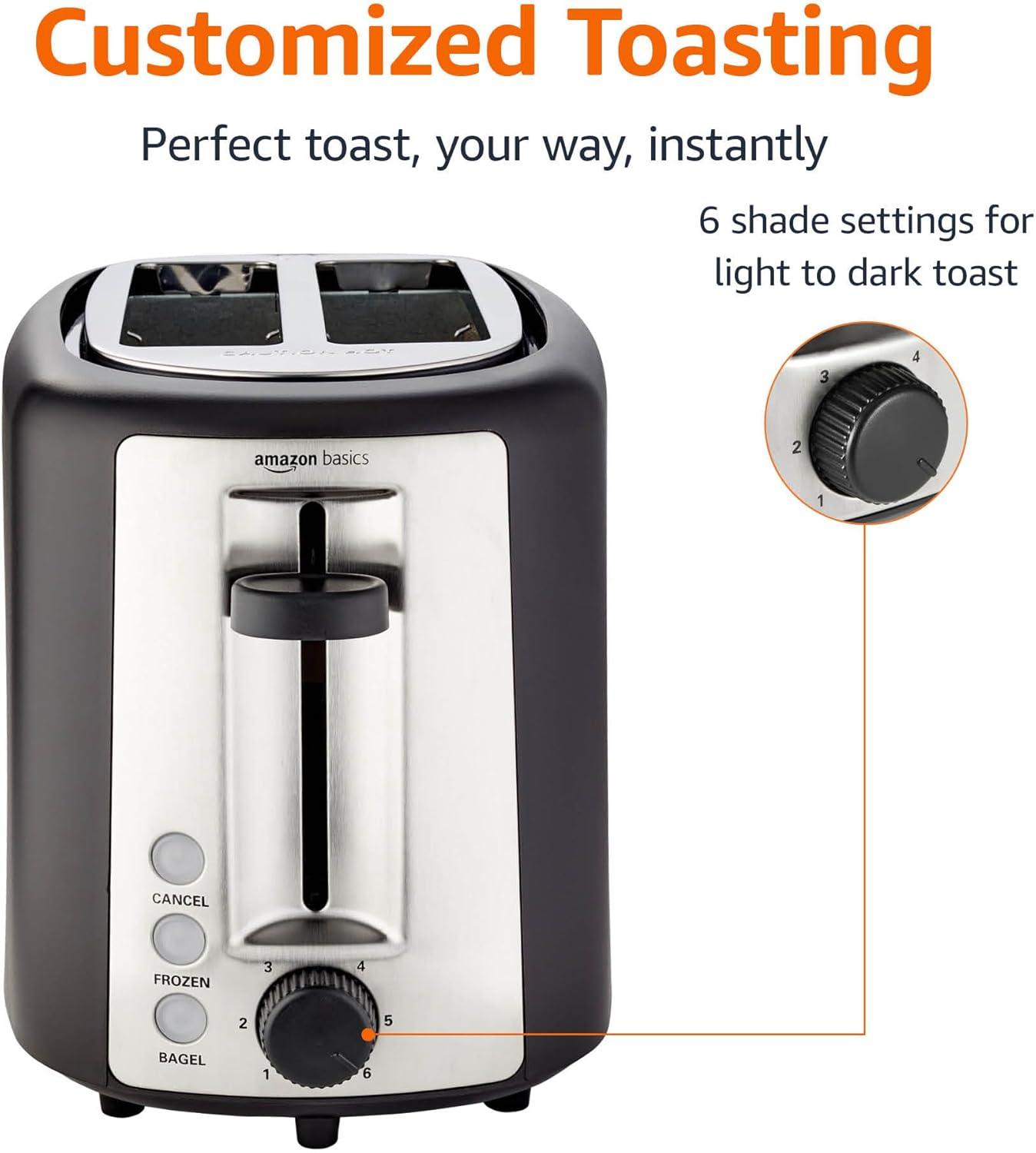 imageAmazon Basics 4 Slice Toaster With 7 Browning Settings Extra Wide Slots For Bagels and Special Breads Removable EasytoClean Crumb Trays CancelDefrostBagel Buttons 1500W Black ampamp Silver2 Slice