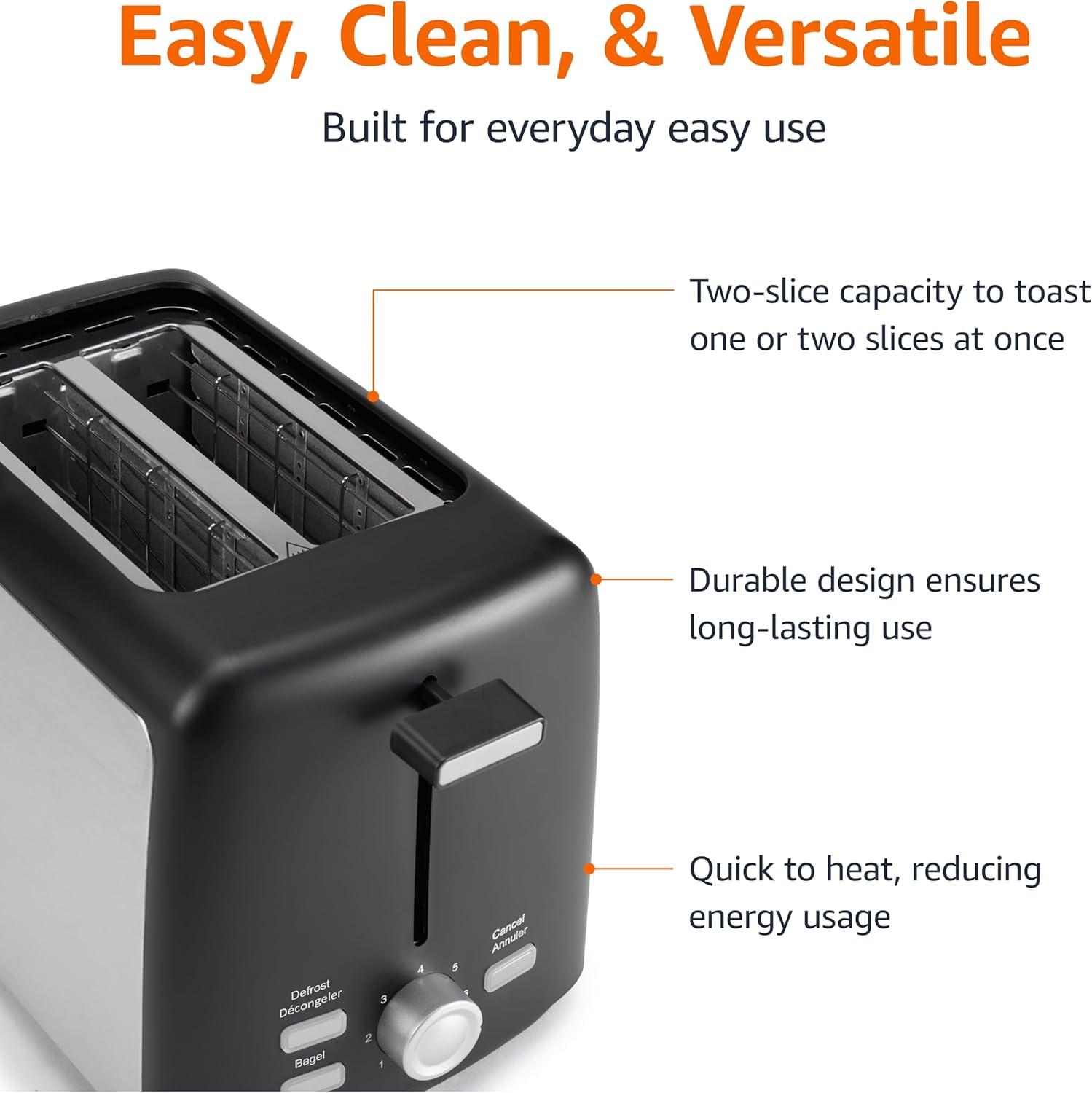 imageAmazon Basics 4 Slice Toaster With 7 Browning Settings Extra Wide Slots For Bagels and Special Breads Removable EasytoClean Crumb Trays CancelDefrostBagel Buttons 1500W Black ampamp Silver2 Slice