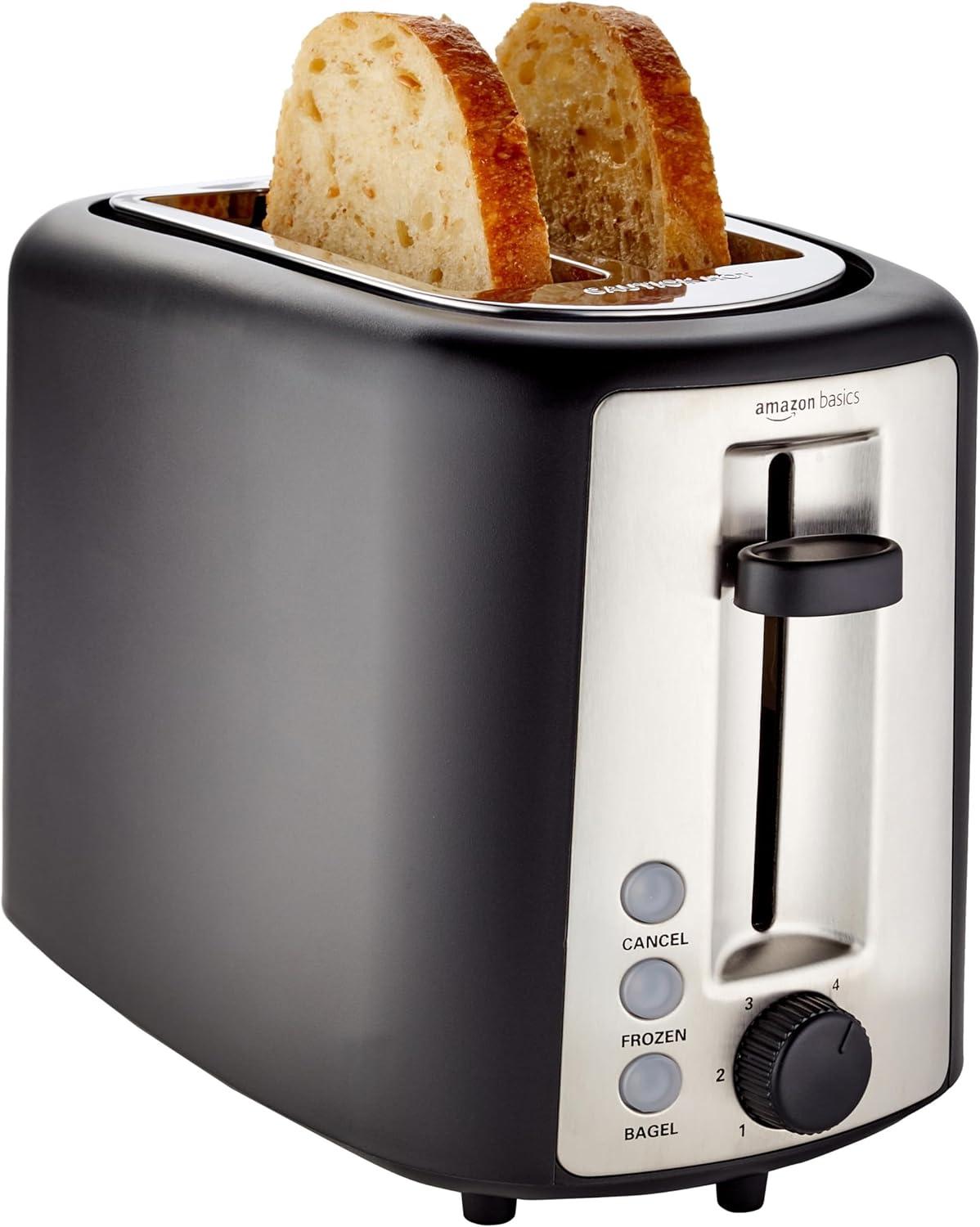 imageAmazon Basics 4 Slice Toaster With 7 Browning Settings Extra Wide Slots For Bagels and Special Breads Removable EasytoClean Crumb Trays CancelDefrostBagel Buttons 1500W Black ampamp Silver2 Slice