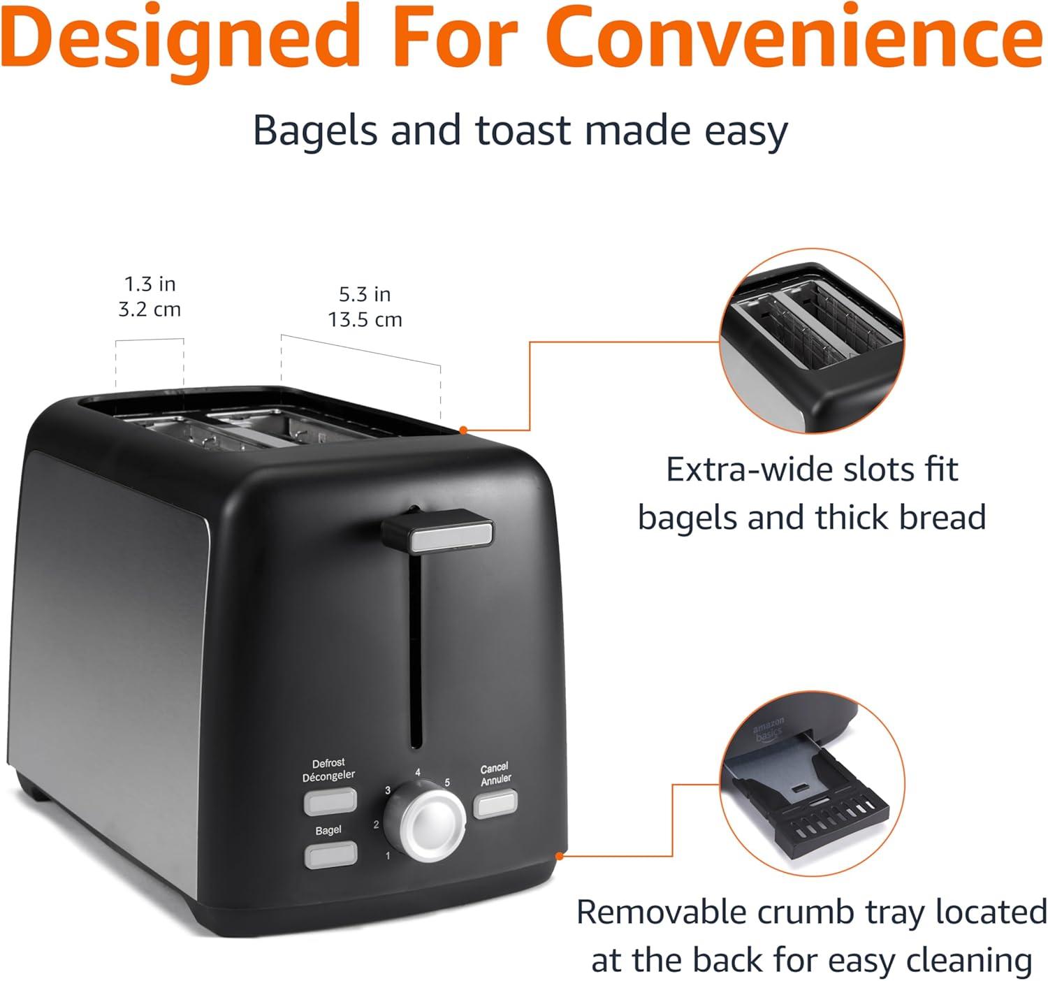 imageAmazon Basics 4 Slice Toaster With 7 Browning Settings Extra Wide Slots For Bagels and Special Breads Removable EasytoClean Crumb Trays CancelDefrostBagel Buttons 1500W Black ampamp Silver2 Slice