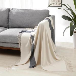 imageAmazon Basics Chunky Cable Knit Throw Blanket for Couch Sofa Bed Lightweight Soft Cozy Sage Green 50quotx 60quotIvory With Blue Crosscheck Pattern