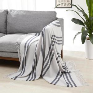 imageAmazon Basics Chunky Cable Knit Throw Blanket for Couch Sofa Bed Lightweight Soft Cozy Sage Green 50quotx 60quotLight Grey With Blue Stripes