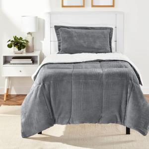 imageAmazon Basics 3 Piece Bedding Set Micromink Sherpa UltraSoft Warm All Season Comforter King Navy Blue SolidCharcoal