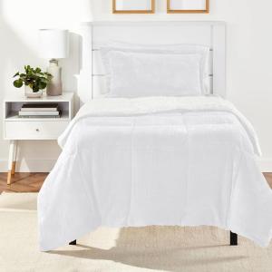 imageAmazon Basics 3 Piece Bedding Set Micromink Sherpa UltraSoft Warm All Season Comforter King Navy Blue SolidCream