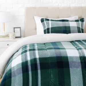 imageAmazon Basics 3 Piece Bedding Set Micromink Sherpa UltraSoft Warm All Season Comforter King Navy Blue SolidGreen Plaid