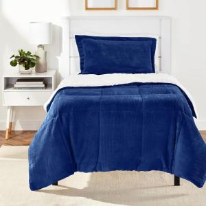 imageAmazon Basics 3 Piece Bedding Set Micromink Sherpa UltraSoft Warm All Season Comforter King Navy Blue SolidNavy Blue