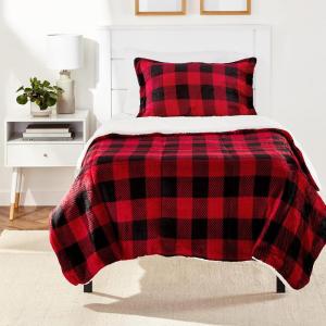 imageAmazon Basics 3 Piece Bedding Set Micromink Sherpa UltraSoft Warm All Season Comforter King Navy Blue SolidRed Buffalo Plaid