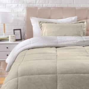 imageAmazon Basics 3 Piece Bedding Set Micromink Sherpa UltraSoft Warm All Season Comforter King Navy Blue SolidTaupe