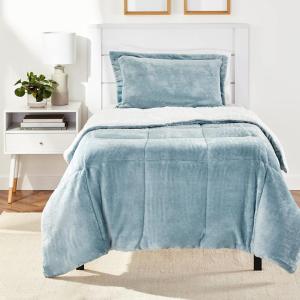 imageAmazon Basics 3 Piece Bedding Set Micromink Sherpa UltraSoft Warm All Season Comforter King Navy Blue SolidTide Pool Blue