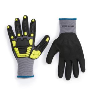imageAmazon Basics Impact Protection Gloves with Touch Screen Friendly 15G Sandy Nitrile Palm Pack of 120 Pairs Yellow Size XXXSXLarge