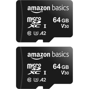imageAmazon Basics Micro SDXC Memory Card with Full Size Adapter A2 U3 Read Speed up to 100 MBs 128 GB Black64GB2 pack