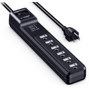 imageAmazon Basics Surge Protector Power Strip with 2 USB Ports 6 Outlet Extension Cord Rectangle 1000 Joule 6 ft BlackBlack