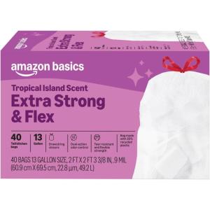 image:imageAmazon Basics Extra Strong amp Flex Tall Kitchen Drawstring Trash Bags Tropical Island Scent 13 Gallon 40 CountTropical Island