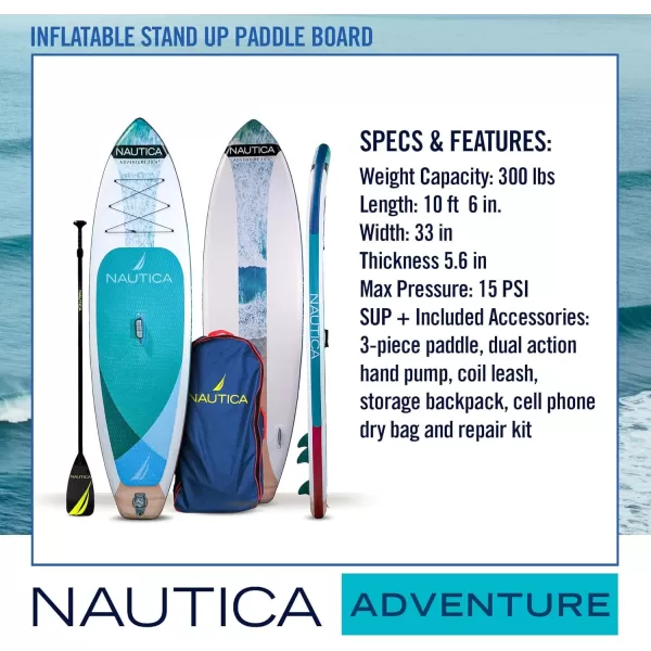 Nautica Inflatable Paddle Board  Adventure  Complete Inflatable SUP Package with Paddle Board Paddle Air Pump Travel Bag and Accessories Stand Up Inflatable Paddle Board