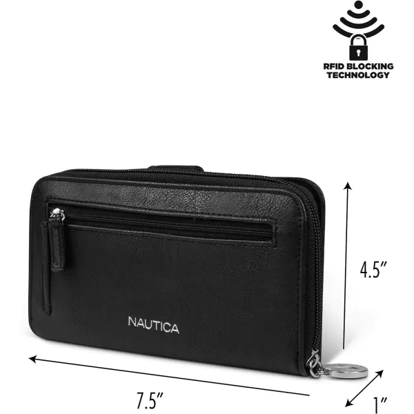 Nautica Be Shore Womens Wallet RFID Blocking Zip Around ClutchBlack Buff