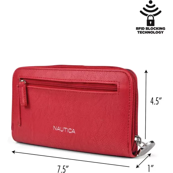 Nautica Be Shore Womens Wallet RFID Blocking Zip Around ClutchFuego Red