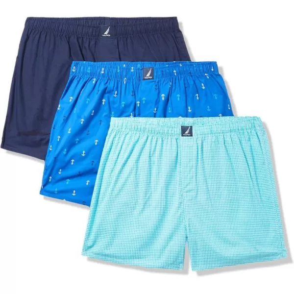 Nautica Mens Cotton Woven 3 Pack BoxerPeacoatHoundstoothscuba BlueAnchor Print